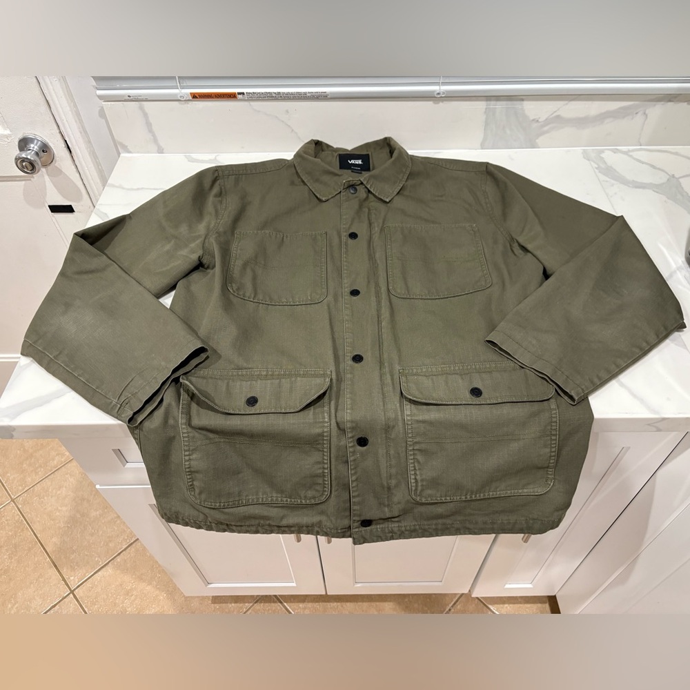 Vans Men's Olive Jacket with hidden hoodie USED